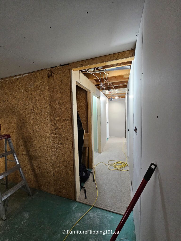 basement renovation closet door reframed and boarded